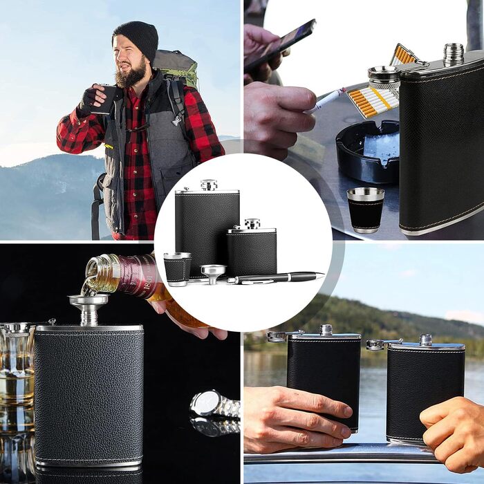 Персоналізований набір фляг 8oz + 3oz, чорна шкіра з келихом з нержавіючої сталі, ручка для підпису, воронка - подарунковий набір для чоловіків, ідеальний для подарунка на День батька