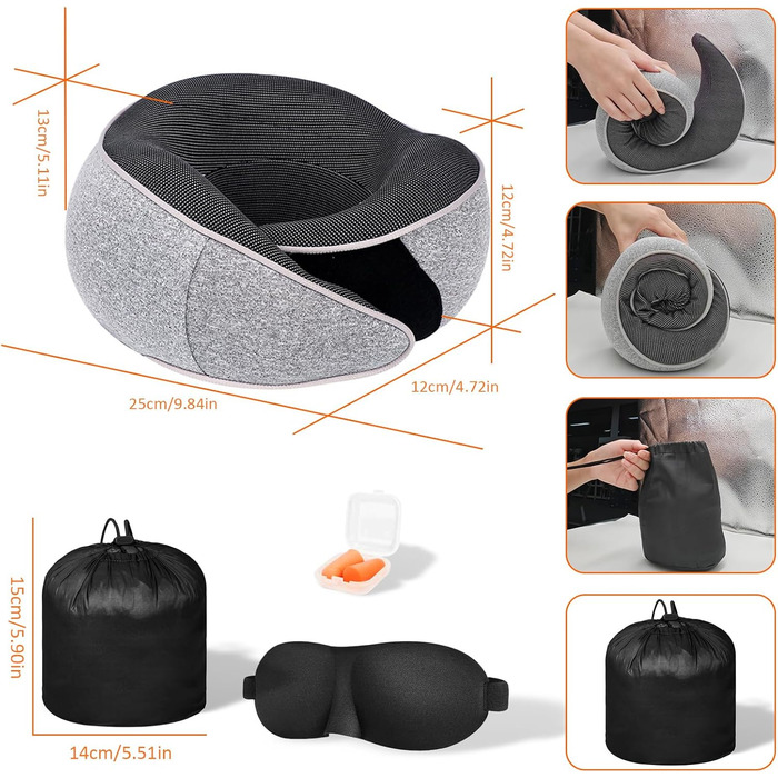 Подушка для шиї у літак, Memory Foam, регульована, з навушниками та маскою для сну, для подорожей