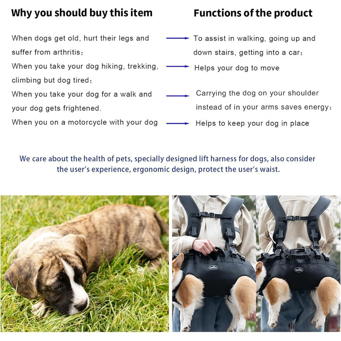 Сумка-переноска для собак великих порід Wakytu: переноска-рюкзак для собак з проблемами суглобів, травмами, літніх собак. Максимальна вага 30-40 кг, чорна, 4XL