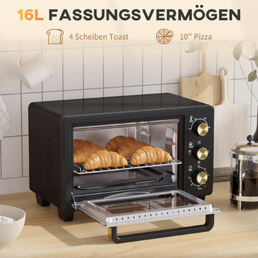 HOMCOM 16L Mini Oven 1400W Mini Oven 100-230℃ 60 Min. Timer, with Grill Rack and Baking Tray, Pizza Oven with Tray Handle, Crumb Tray Black | Aosom