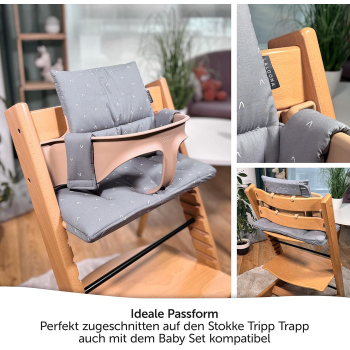 Сидіння та подушка для стільчика Stokke Tripp Trapp LaLoona, 2 частини, бавовна, сірий візерунок, OEKOTEX 100, гіпоалергенна, машинне прання