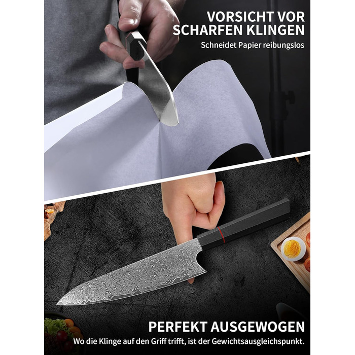 Японський ніж кухарський з дамаської сталі Plys: професійний ніж шеф-кухаря з чорним дерев'яним руків'ям