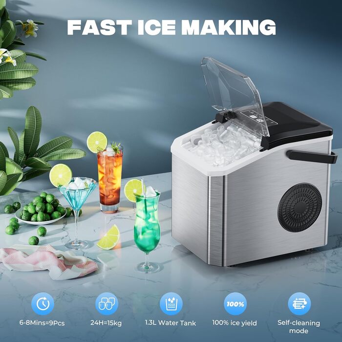 Машина для приготування льоду Klein, 130W, 15 кг/24 год, самоочищення, з лопаткою та кошиком, 2 розміри кубиків, для кухні