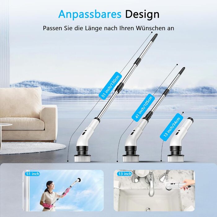 Електрична щітка для прибирання 9 в 1, 34-130 см, 2 режими, для ванної, кухні, плитки та авто, біла