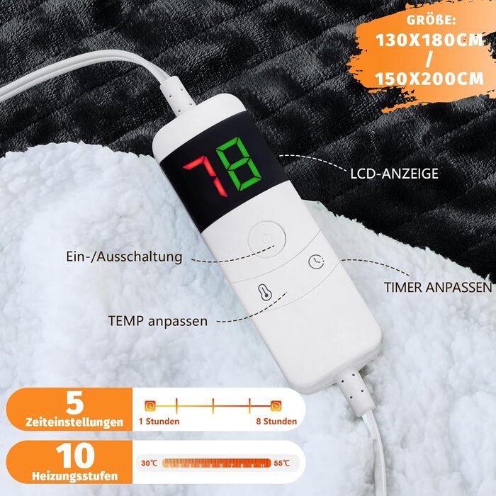 Електрична ковдра BOMOVA з автовимкненням, тепла та м'яка ковдра для дому, 10 режимів нагріву, таймер 5 годин, чорна, 130x180 см