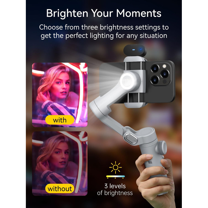 Стабілізатор для смартфона AOCHUAN 3-осьовий з RGB-підсвічуванням, для iPhone/Android, з функцією відстеження обличчя, сірий (Smart X Pro AI)
