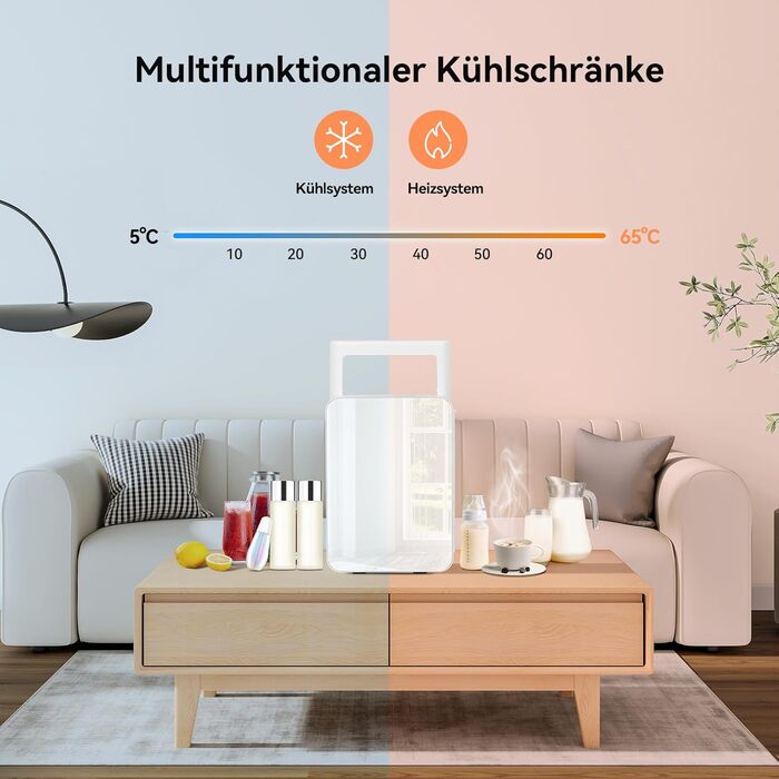 Міні-холодильник Fullwatt з дзеркалом 10 літрів з функцією охолодження та підігріву, портативний холодильник для краси, для авто, кемпінгу, офісу, 220V та 12V USB, білий, 10л з LED дзеркалом