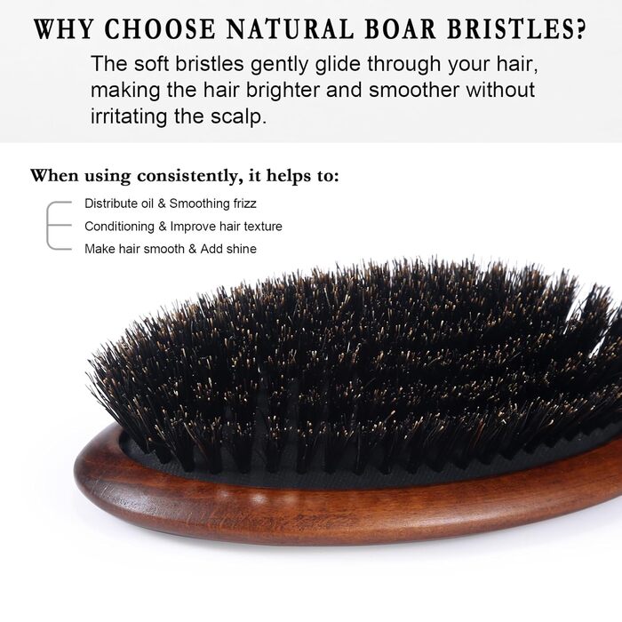 Щітка для волосся BESTOOL з щетиною дикого кабана, для жінок, чоловіків, дітей, з натуральною щетиною з бука, для тонкого та ламкого волосся, покращує текстуру волосся