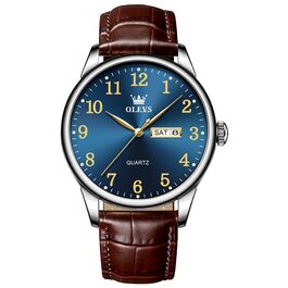 Чоловічий годинник OLEVS з нержавіючої сталі, кварцовий, аналоговий, класичний, бізнес-стиль, водонепроникний, з підсвічуванням, з датою, на шкіряному ремінці (A2 - синій циферблат/коричневий ремінь)