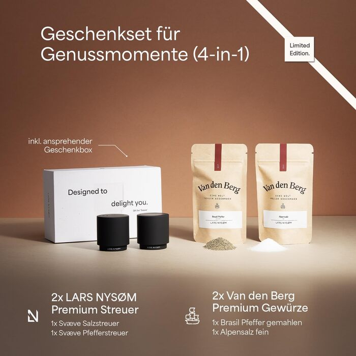 LARS NYSØM Gift Set with Salt and Pepper Shakers & Spices - Mini Designer Salt and Pepper Shakers with Finest Alpine Salt and Brazilian Pepper in an Attractive Gift Box - Carbon Black
