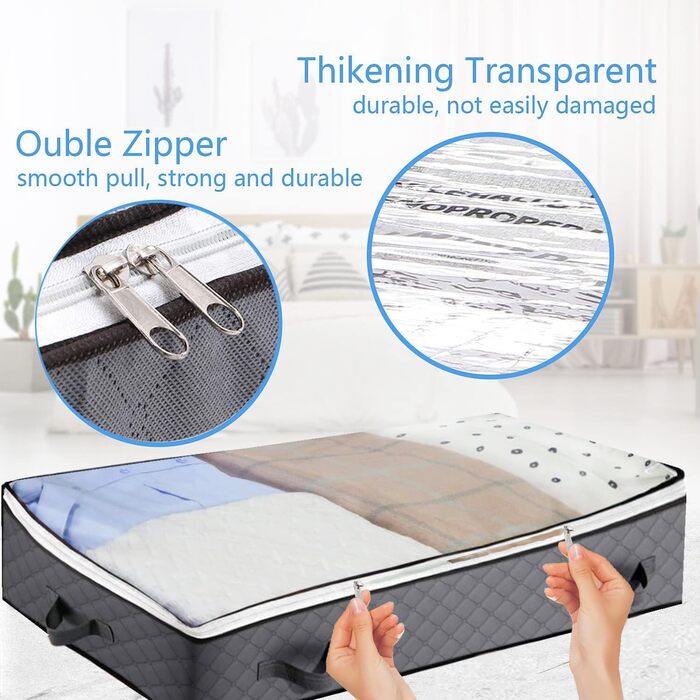 3 шт. Коробка для зберігання під ліжком - Комод під ліжко з прозорим вікном та блискавкою та ручками - Складна коробка для зберігання під ліжко для ковдр/одягу/покривал/ковдр (100x50x18 см, Темно-сірий)