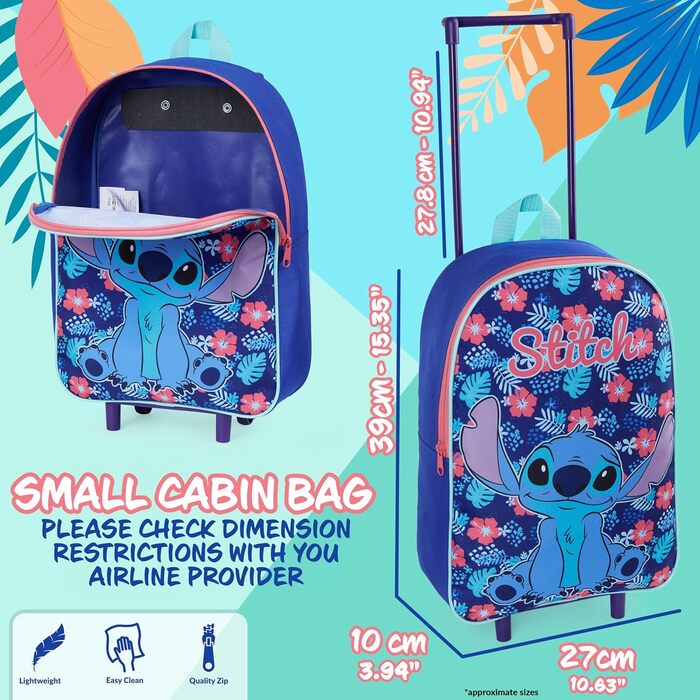Дитяча валіза Disney Stitch, легкий складаний дорожній чемодан 39x27 см, 10.5 л, на 2 колесах з висувною ручкою, ручна поклажа