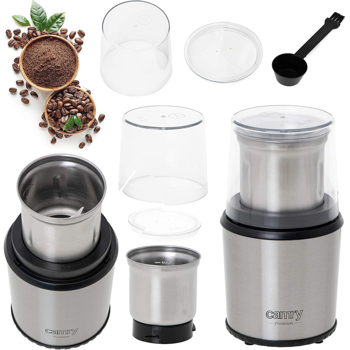 CAMRY CR 4444 Coffee Grinder with Safety Lid, 75g Capacity, 400W, Stainless Steel Housing, Safe Electric Grinder with Spoon, Electric Propeller Grinder with Transparent Lid, Silver