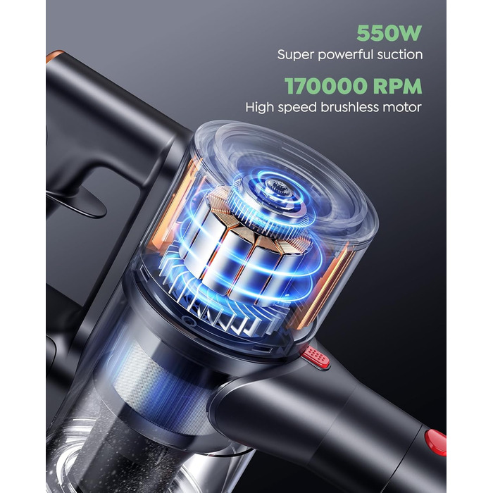 SunSare Бездротовий акумуляторний пилосос 550W/45000Pa/60хв, з базою для зарядки, легкий, тихий, для твердих поверхонь, килимів та шерсті тварин