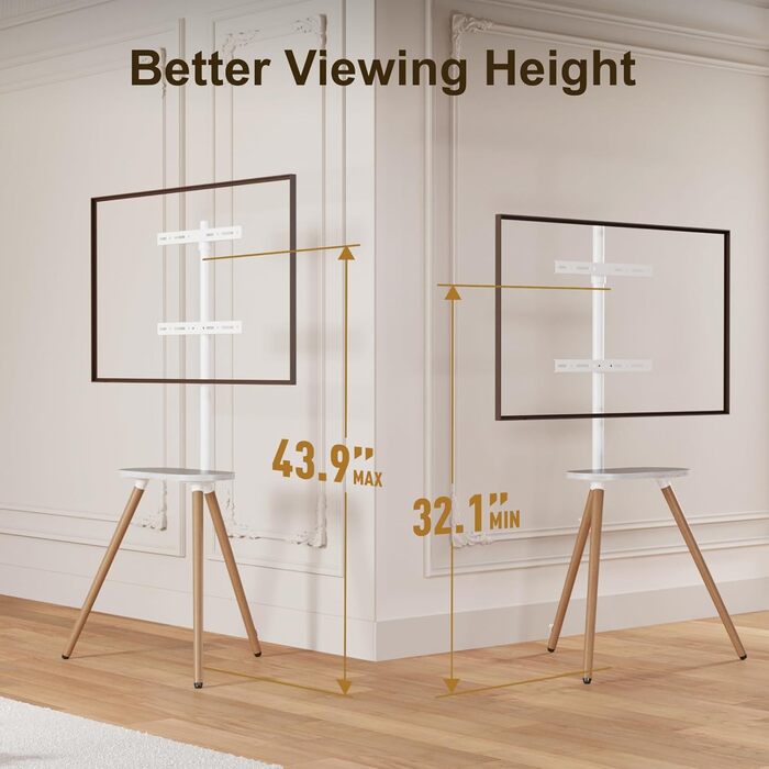 Підставка для телевізора 43-65 дюймів: регульована, поворотна, з дерев'яною полицею, VESA 400x400 мм, мінімалістичний дизайн (білий + бук)