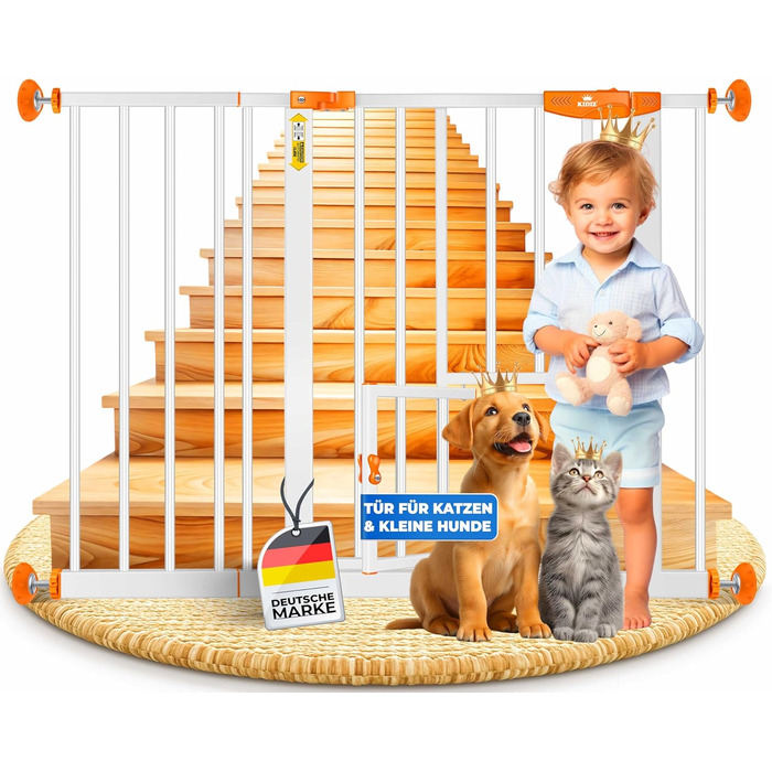 Захисне ворота KIDIZ для котів з люком, захист для дверей, ворота на сходи для дітей без свердління | Зупинка 90°, поворотне, захист для сходів, білий/ширина: (102-115 см, помаранчевий)