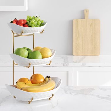 Трьох'ярусна фруктова тарілка Acliys з кераміки (золото) – для зберігання фруктів, овочів, снеків та десертів