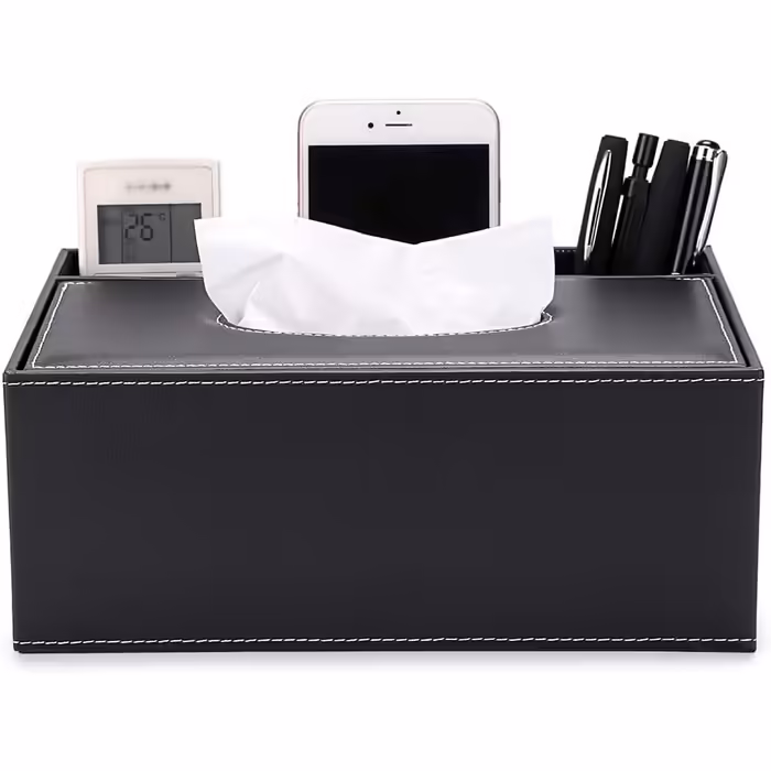 BSTKEY PU Leather Household Office Rectangular Tissue Box with Remote Storage Box - Elegant and stylish tissue holder for home desk storage box, Black