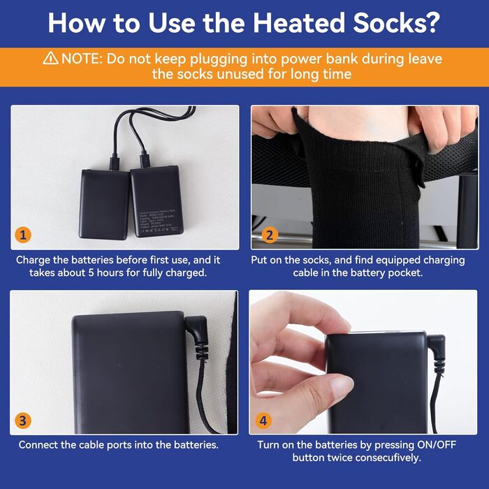 Гріючі шкарпетки для жінок та чоловіків Ninonly з 4 рівнями нагріву, акумулятор 5000mAh, для катання на лижах, піших прогулянок, кемпінгу та зимових активностей