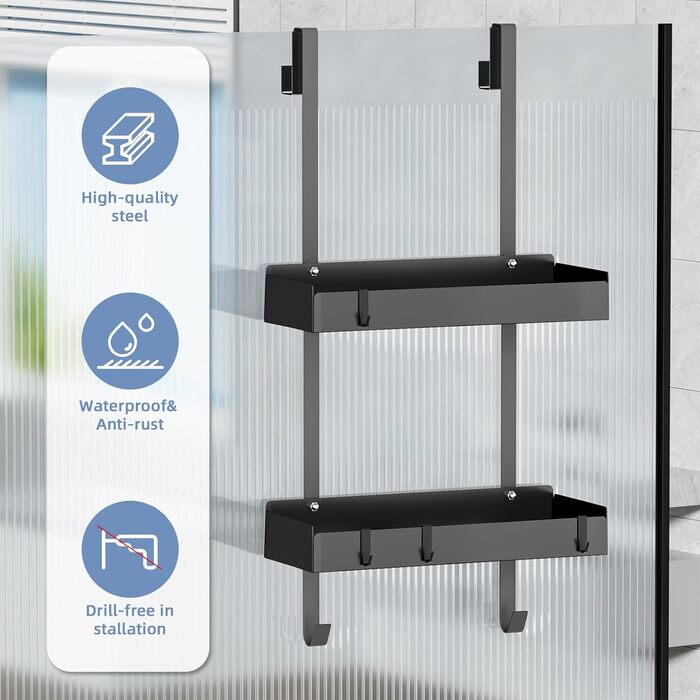 Підставка для душу настінна, полиця для душу з кріпленням для скляних душових кабін, тримач для шампуню в душ, корзина для душу без свердління, чорна з 8 гачками, нержавіюча сталь 65.5x30x11.2 см