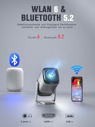 Smart Beamer 4K з автофокусом TOF 28000L, WiFi6, Bluetooth, обертання 210° для дому та вулиці. Сумісний з Netflix, підходить для підключення до телефону/ПК