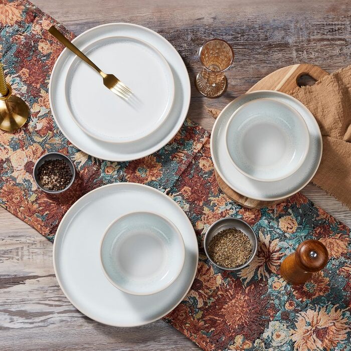 Набір посуду HaWare на 6 осіб, 18 предметів: тарілки, десертні тарілки, миски, бежевий колір. Підходить для мікрохвильової печі та посудомийної машини.