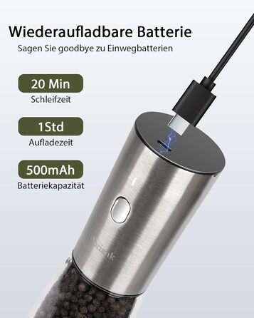 Electric Salt and Pepper Grinder Set of 2, USB Rechargeable Stainless Steel Electric Pepper Grinder with Adjustable Coarseness, Large Capacity, Elegant Storage Base