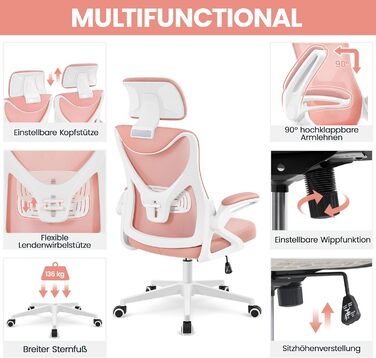 Крісло офісне Yaheetech ергономічне, з підйомними підлокітниками, регульованою підголівником, функцією гойдання, до 136 кг, білий/рожевий