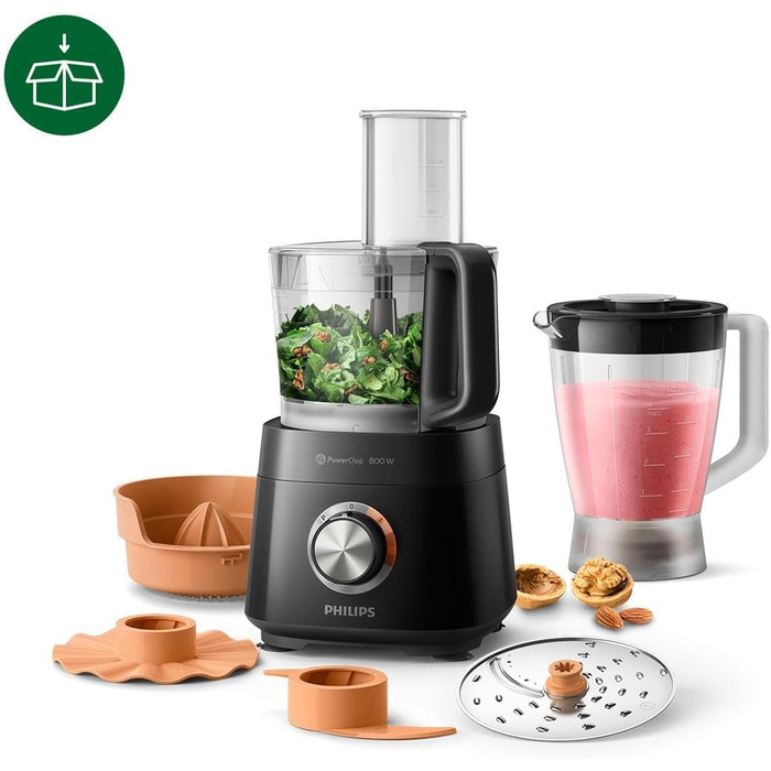 Philips Compact Food Processor – 850W, 31 Functions, 2.1-Liter Bowl, PowerChop, Stainless Steel Blade (HR7530/10) 850 Watt, 29 Functions + Stand Mixer Attachment