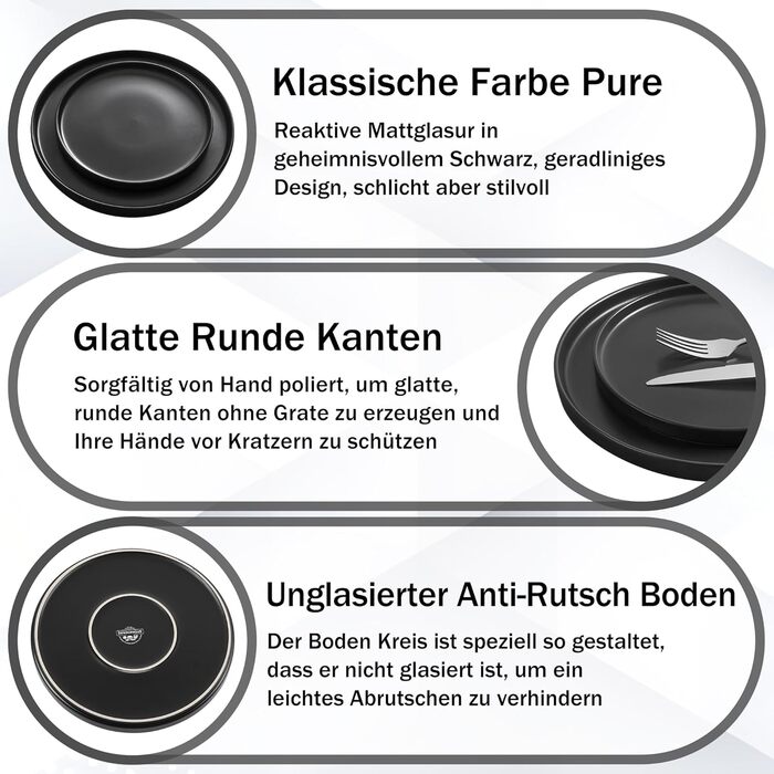 Набір посуду Homikit на 6 осіб: тарілки, миски, десертні тарілки, реактивна глазур, чорний колір, 18 шт.