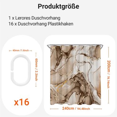 Штора для душу 180x200 см, коричневий мармур, поліестер, з утяжеленим краєм, антигрибкова, водовідштовхувальна, з кільцями (1 шт)