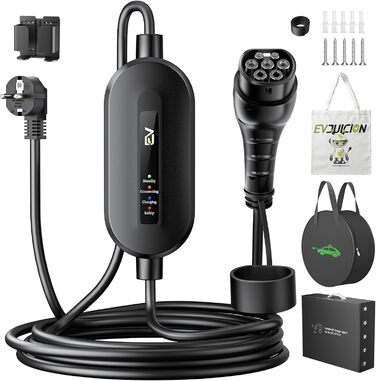 Кабель для електромобіля Evjuicion Typ 2 Schuko, 3.68kW, 6м, 16A, IP67, з індикатором, для ID.3/4, X1, 5ER, Model Y/3 та інших електромобілів