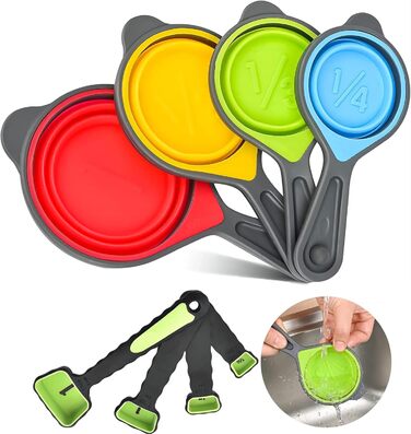 Collapsible Measuring Cup and Spoon Set, 8 Portable Silicone Measuring Cups and Spoons, for Liquid and Dry Measurement, Folding Measuring Cups and Spoons, Green Color (random)