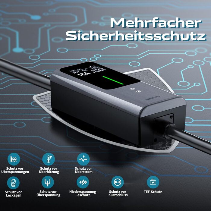 Кабель для зарядки електромобіля Type 2 Schuko 3.68kW, 6-16A, 5M, 1-фазний, з цифровим дисплеєм, IP65, IEC 62196-2 PHEV/EV