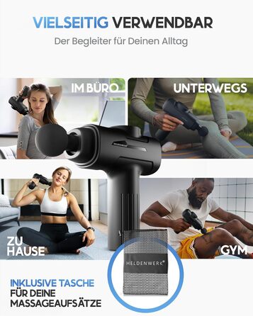 Heldenwerk Massage Gun - Muscle Massager with 6 Attachments & 3200 RPM - USB-C Rechargeable - Black
