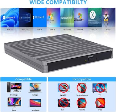 Зовнішній DVD-привід USB 3.0 та Type-C, портативний CD/DVD+/-RW записувач для ноутбука, ПК, MacBook, Windows, MacOS, Linux (Сірий)
