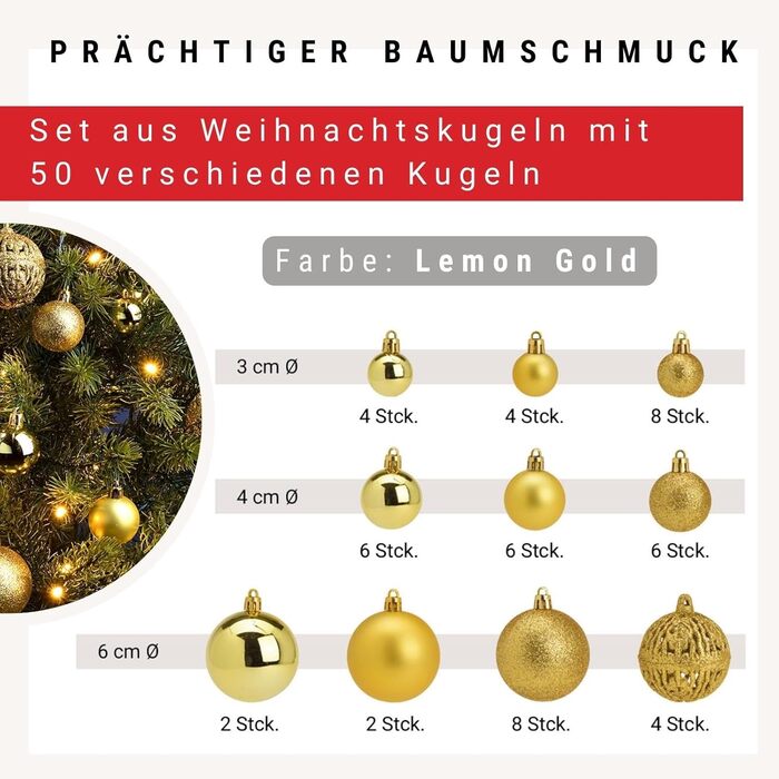 Набір прикрас для ялинки WOMA: 50 кульок різних кольорів (Lemon Gold) - пластикові ялинкові прикраси