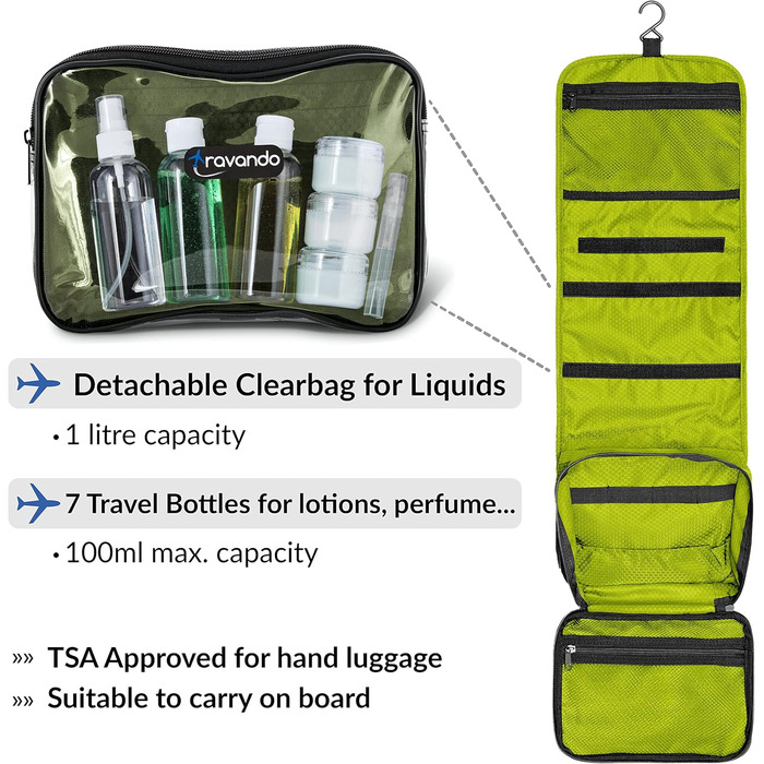 Чоловіча дорожня косметичка TRAVANDO з петлею, прозора, велика, для подорожей, зелена