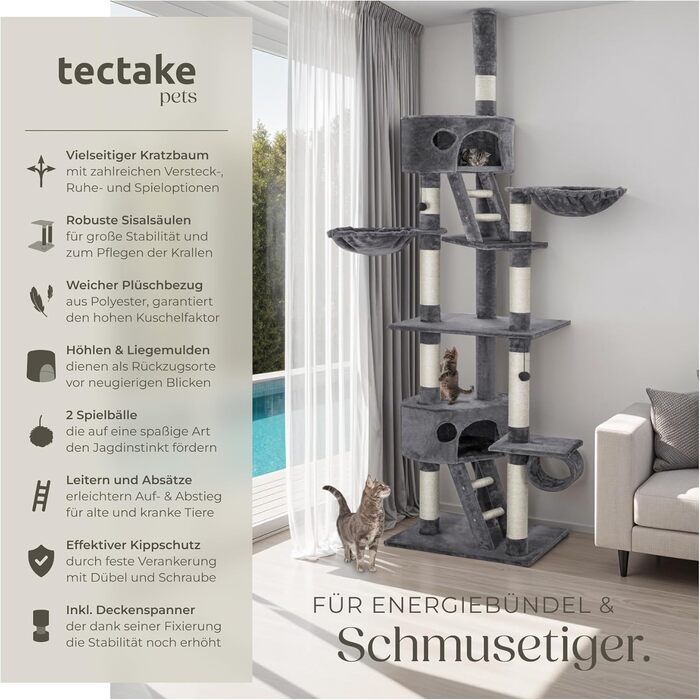 Тектейк (Tectake) Дектейк для котів, великий (XXL), високий, регульований (243-260 см), з драбиною, печерою, трубою, лежаком та сизалевою колоною - сірий (401641)