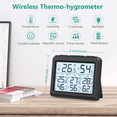 ORIA Digital Thermometer, Indoor/Outdoor Thermometer with 3 Outdoor Sensors, Backlight & Large LCD Display, Min/Max Records, ℃/℉ Switch, Ideal for Office, Home (Black)