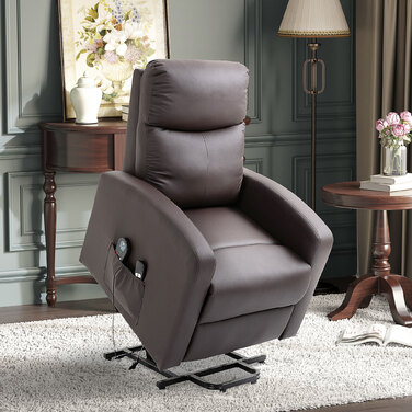 HOMCOM Recliner Chair with Rise Assist and Electric Massage Function, Reclining Function, Faux Leather, Brown, Comfortable Armchair with Remote Control