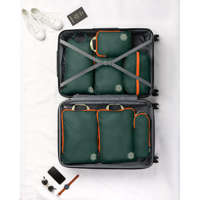 Набір органайзерів для подорожей Trippped Travel Gear: 7 шт., великий розмір, компресійні, для одягу (зелений/помаранчевий)