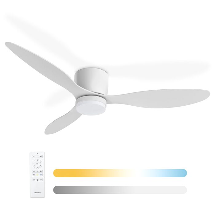 Стеляний вентилятор Noaton® Fornax Weiß з підсвічуванням, діаметр 132 см, DC мотор 40 Вт, диммований LED модуль 22 Вт, 3 колірні температури, пульт дистанційного керування, таймер, повітряний потік до 185 м³/хв.