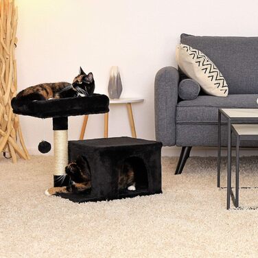 Lionto Scratching Post for Cats with Cozy Lying Area & Cave, Height 50 cm, Cat Tree with Plush Ball including Bell, Sisal Rope & Soft Plush, Suitable for Small & Large Cats, (Black)