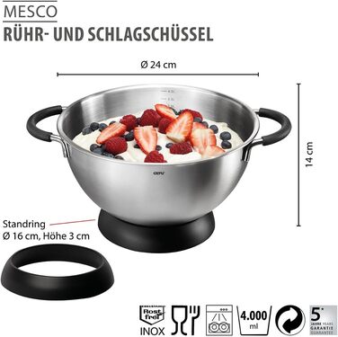 GEFU Mixing and Whisking Bowl MESCO – Stainless steel bowl with 4L volume, silicone handles & stand ring | With internal scale | Ø 24cm