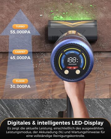 Бездротовий пилосос Proscenic P15: 55KPa, 580W, 70 хв, LED дисплей, антизаплутана щітка, фільтр GreenEye, для твердих поверхонь, килимів, шерсті тварин, авто