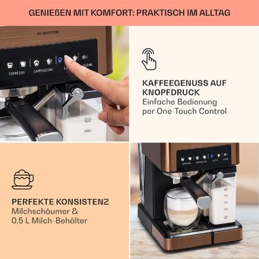 Klarstein Espresso Siebträgermaschine: Компактна кавомашина еспресо з молочною піною, 1,8 л, 20 бар, нержавіюча сталь, 0,5 л резервуар для молока, 1350 Вт, для меленої кави, колір мідний