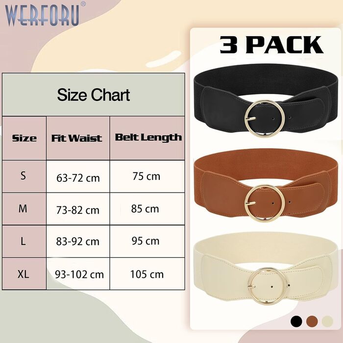 Еластичний пояс для жінок WERFORU 3 шт. Широкий ремінь для сукні, чорний+коричневий+бежевий, розмір M (73-82 см)