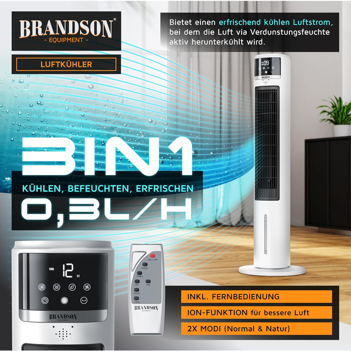 Вентилятор з водяним охолодженням Brandson ECO Design: тихий, 9 швидкостей, таймер, осциляція, іонізація, з пультом, білий