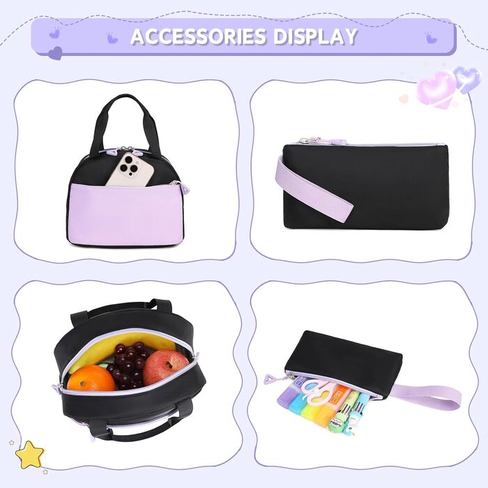 Дитячий рюкзак для школи для дівчаток: Kawaii рюкзак з великою місткістю (3-частинний набір, чорний та фіолетовий)